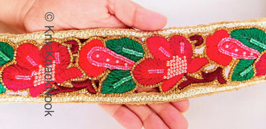 Wholesale Red, Green and Gold Hand Embroidered Cutwork Floral Trim In Seed Beads, Bugle Beads & Crystal Wedding Sari Bridal Decorative